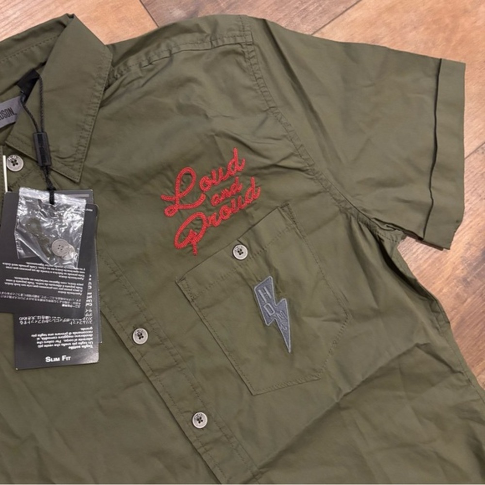 Harley Davidson Garage Button-Up Short Sleeve Mechanic Green Shirt Loud‎ Proud